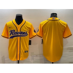 Men Baltimore Ravens Blank Yellow With Patch Cool Base Stitched Baseball Jersey