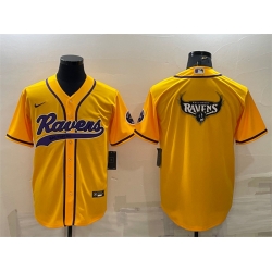 Men Baltimore Ravens Yellow Team Big Logo With Patch Cool Base Stitched Baseball Jersey