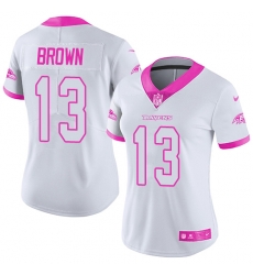 Nike Ravens #13 John Brown White Pink Womens Stitched NFL Limited Rush Fashion Jersey