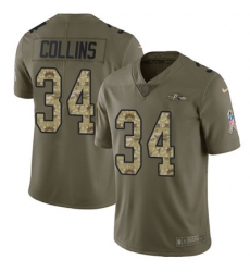 Youth Nike Ravens #34 Alex Collins Olive Camo Stitched NFL Limited 2017 Salute to Service Jersey