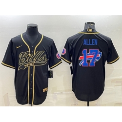Men Buffalo Bills 17 Josh Allen Black Gold Team Big Logo With Patch Cool Base Stitched Baseball Jersey