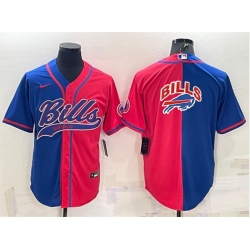 Men Buffalo Bills Blank Royal Red Split Team Big Logo With Patch Cool Base Stitched Baseball Jersey