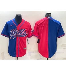 Men Buffalo Bills Blank Royal Red Split With Patch Cool Base Stitched Baseball Jersey