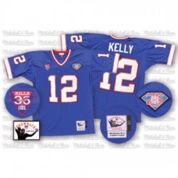 Mitchell And Ness Buffalo Bills 12 Jim Kelly Royal Blue 35th Anniversary Patch Authentic Throwback NFL Jersey