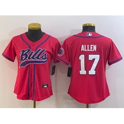 Women Buffalo Bills 17 Josh Allen Red With Patch Cool Base Stitched Baseball Jersey