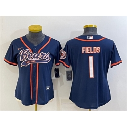Women Chicago Bears 1 Justin Fields Navy With Patch Cool Base Stitched Baseball Jersey