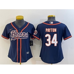 Women Chicago Bears 34 Walter Payton Navy With Patch Cool Base Stitched Baseball Jersey