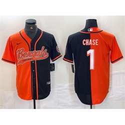 Men Cincinnati Bengals 1 Ja 27Marr Chase Black Orange Split With Patch Cool Base Stitched Baseball Jersey