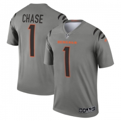 Men Cincinnati Bengals 1 Ja 27Marr Chase Gray Stitched Football Jersey