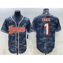 Men Cincinnati Bengals 1 Ja 27Marr Chase Grey Camo With Patch Cool Base Stitched Baseball Jersey