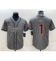 Men Cincinnati Bengals 1 Ja 27Marr Chase Grey With Patch Cool Base Stitched Baseball Jersey