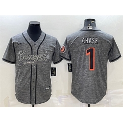 Men Cincinnati Bengals 1 Ja 27Marr Chase Grey With Patch Cool Base Stitched Baseball Jersey