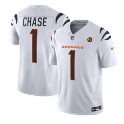 Men Cincinnati Bengals 1 Ja 27Marr Chase White 2023 F U S E  With John Madden Patch Vapor Limited Stitched Football Jersey