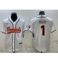 Men Cincinnati Bengals 1 Ja 27Marr Chase White With Patch Cool Base Stitched Baseball Jersey