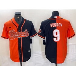 Men Cincinnati Bengals 9 Joe Burrow Black Orange Split With Patch Cool Base Stitched Baseball Jersey
