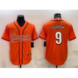 Men Cincinnati Bengals 9 Joe Burrow Orange With Patch Cool Base Stitched Baseball Jersey