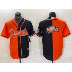 Men Cincinnati Bengals Team Big Logo Black Orange Split With Patch Cool Base Stitched Baseball Jersey