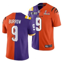 Men Cincinnati Bengals X LSU Tigers 9 Joe Burrow 2022 Purple Orange Split Super Bowl LVI Stitched Jerse