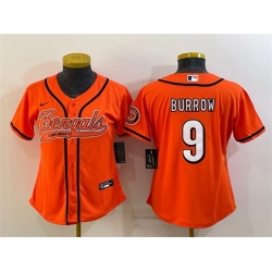 Women Cincinnati Bengals 9 Joe Burrow Orange With Patch Cool Base Stitched Baseball Jersey