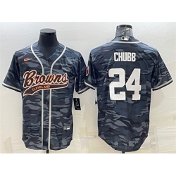 Men Cleveland Browns 24 Nick Chubb Grey Camo With Patch Cool Base Stitched Baseball Jersey