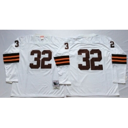 Men Cleveland Browns 32 Jim Brown White Long Sleeve M&N Throwback Jersey