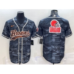 Men Cleveland Browns Grey Camo Team Big Logo With Patch Cool Base Stitched Baseball Jersey