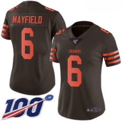 Browns #6 Baker Mayfield Brown Women Stitched Football Limited Rush 100th Season Jersey