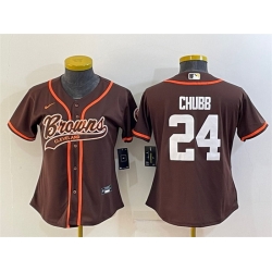 Women Cleveland Browns 24 Nick Chubb Brown With Patch Cool Base Stitched Baseball Jersey