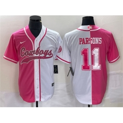 Men Dallas Cowboys 11 Micah Parsons Pink White Split Cool Base Stitched Baseball Jersey