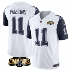 Men Dallas Cowboys 11 Micah Parsons White Navy 2023 F U S E  NFC East Champions Patch Stitched Football Jersey