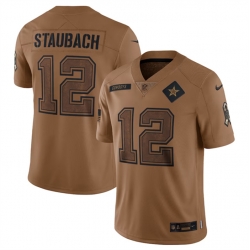 Men Dallas Cowboys 12 Roger Staubach 2023 Brown Salute To Service Limited Stitched Football Jersey