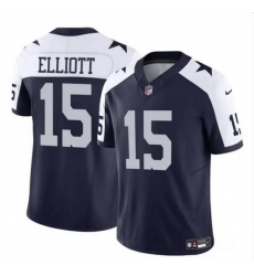 Men Dallas Cowboys 15 Ezekiel Elliott Navy White 2023 F U S E Thanksgiving Vapor Limited Stitched Football Jersey