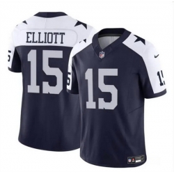 Men Dallas Cowboys 15 Ezekiel Elliott Navy White 2023 F U S E Thanksgiving Vapor Limited Stitched Football Jersey