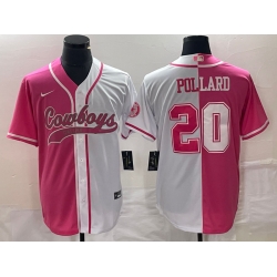 Men Dallas Cowboys 20 Tony Pollard Pink White Split Cool Base Stitched Baseball Jersey