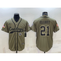 Men Dallas Cowboys 21 Ezekiel Elliott 2022 Olive Salute To Service Cool Base Stitched Baseball Jersey