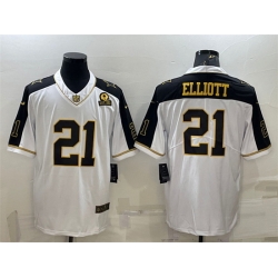 Men Dallas Cowboys 21 Ezekiel Elliott White Gold Edition With 1960 Patch Limited Stitched Football Jersey
