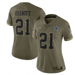 Women Dallas Cowboys 21 Ezekiel Elliott 2022 Olive Salute To Service Limited Stitched Jersey