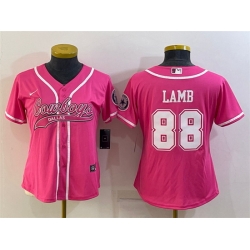 Women Dallas Cowboys 88 CeeDee Lamb Pink With Patch Cool Base Stitched Baseball Jersey
