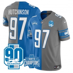 Men Detroit Lions 97 Aidan Hutchinson Blue Grey Split 2023 F U S E  90th Anniversary NFC North Division Champions Vapor Untouchable Limited Stitched Jersey