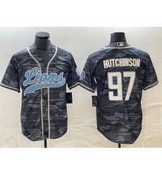 Men Detroit Lions 97 Aidan Hutchinson Grey Camo Cool Base Stitched Baseball Jersey