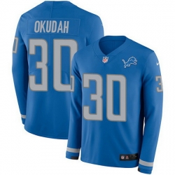 Nike Lions 30 Jeff Okudah Blue Team Color Men Stitched NFL Limited Therma Long Sleeve Jersey