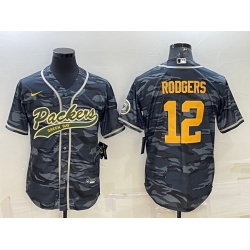 Men Green Bay Packers 12 Aaron Rodgers Grey Gold Camo With Patch Cool Base Stitched Baseball Jersey