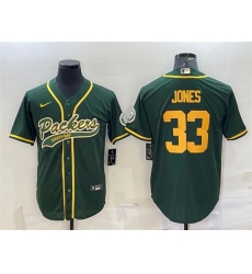 Men Green Bay Packers 33 Aaron Jones Green Gold With Patch Cool Base Stitched Baseball Jersey
