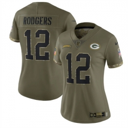 Women Green Bay Packers 12 Aaron Rodgers Olive 2022 Salute To Service Limited Stitched Jersey