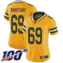 Women Packers 69 David Bakhtiari Gold Stitched Football Limited Inverted Legend 100th Season Jersey
