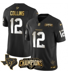 Men Houston Texans 12 Nico Collins Black Golden 2023 F U S E  With AFC South Champions Patch And Team Logo Patch Limited Stitched Football Jersey