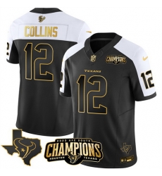 Men Houston Texans 12 Nico Collins Black White Golden 2023 F U S E  With AFC South Champions Patch And Team Logo Patch Limited Stitched Football Jersey