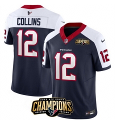 Men Houston Texans 12 Nico Collins Navy White 2023 F U S E  AFC South Champions Patch Limited Stitched Football Jersey