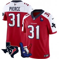 Men Houston Texans 31 Dameon Pierce Red White 2023 F U S E  With Hand Sign Throwing Up The H Patch Vapor Untouchable Limited Stitched Football Jersey