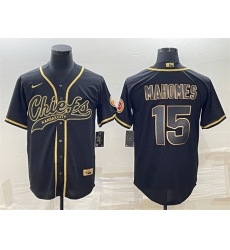 Men Kansas City Chiefs 15 Patrick Mahomes Black Gold With Patch Cool Base Stitched Baseball Jersey